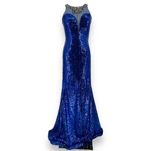 Camille La Vie Royal Blue Sequin Maxi Formal Gown Beaded Nude Illusion 4 Prom